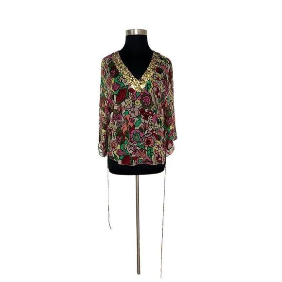 Tom K Nguyen L Multi-Color Floral Silk Top Sheer Sequin Y2K VTG Boho Art To Wear - Picture 10 of 13